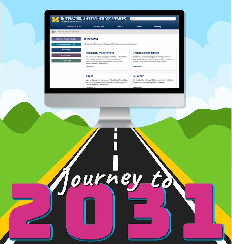 Road illustration with computer screenshot of eResearch software platform and Journey to 2031 text