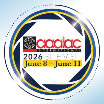 AAALAC 2026 Site Visit logo with dates and focal camera lens icon