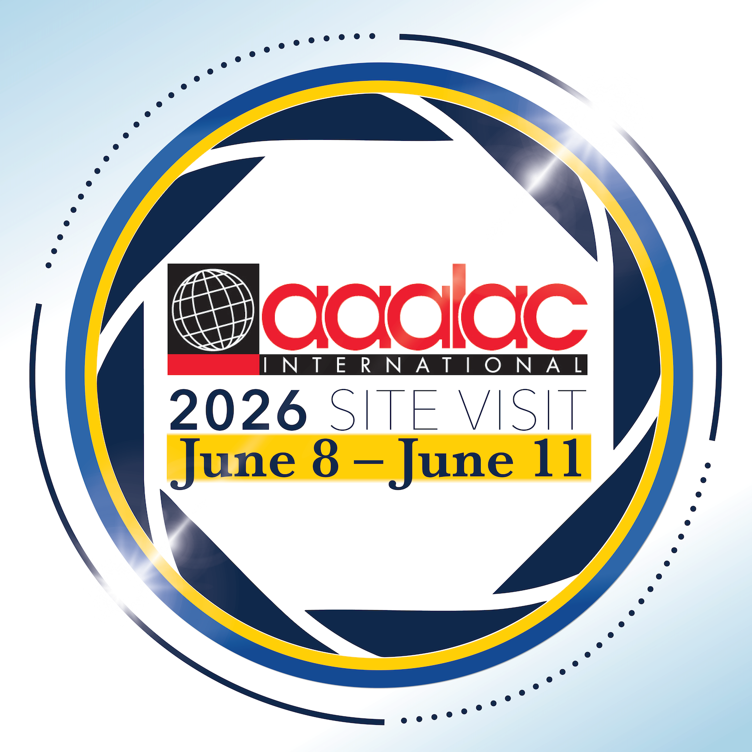 AAALAC 2026 Site Visit logo with dates and focal camera lens icon