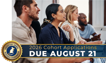 LARC certification emblem over image of staff members having discussion. 2026 LARCC Program Cohort Applications Due Friday, August 21