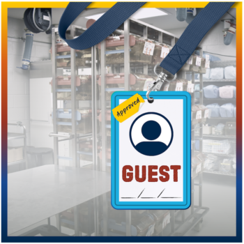 Guest visitor badge icon over background image of animal care facility
