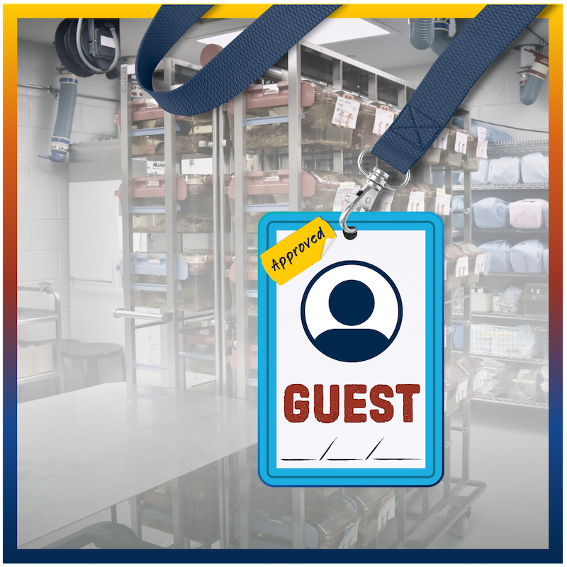 Guest visitor badge icon over background image of animal care facility
